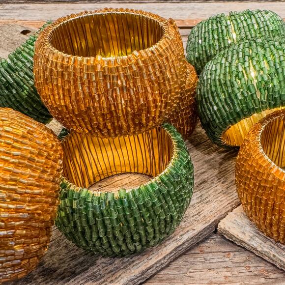 Gorgeous Beaded Green and Gold Holiday Napkin Rings - Set of 8 - 4 Green/4 Gold - Picture 1 of 6